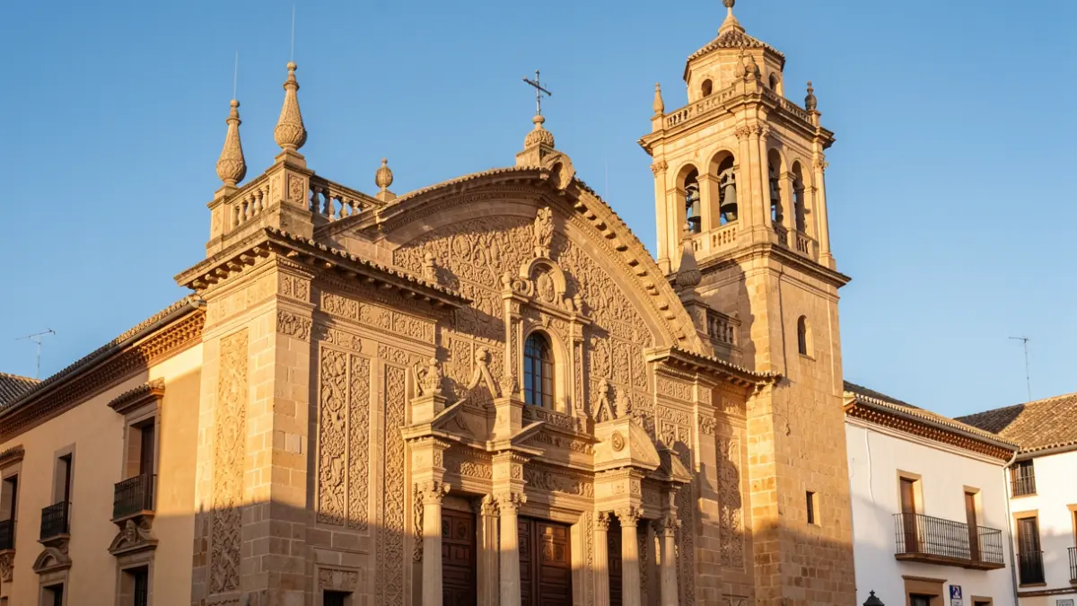 Facade of a traditional Andalusian church with stone details and a tower.