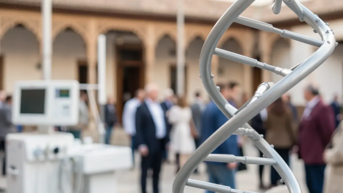 Modelo de doble hélice de ADN con equipo médico y arquitectura andaluza desenfocada.