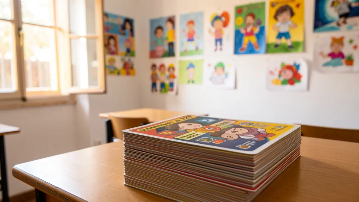 Generación del 27 cards designed like Pokémon cards in an Andalusian classroom.
