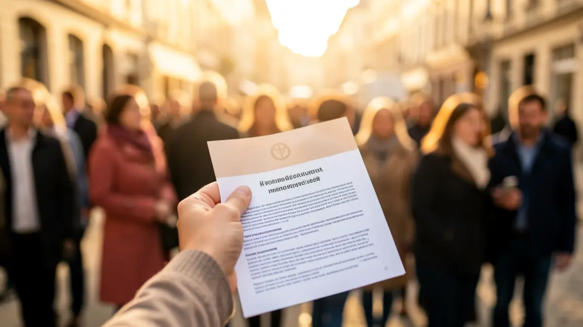 Generic image of a hand holding a support pamphlet with blurred people in the background.