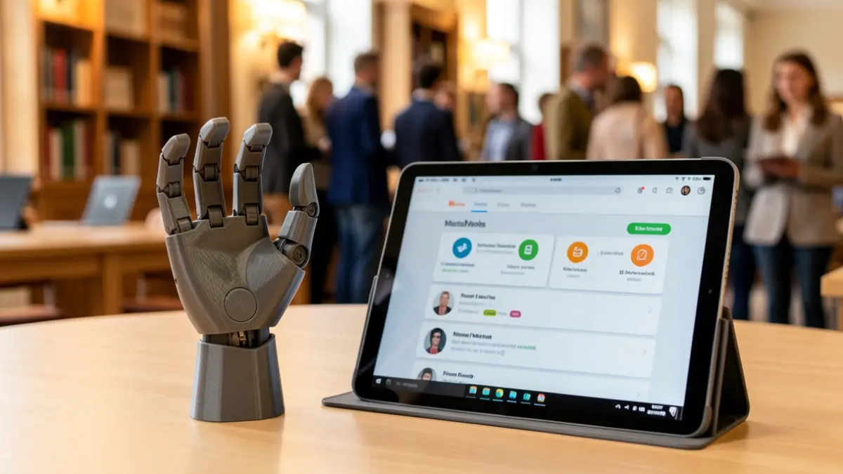 Imagen de una prótesis robótica y una plataforma de bienestar emocional, proyectos ganadores de los premios 123 Innova ADN.