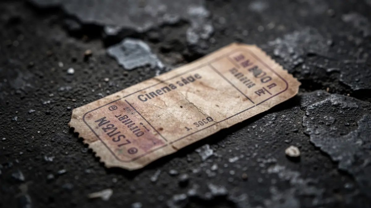 Close-up of an old and worn cinema ticket on a dark surface.