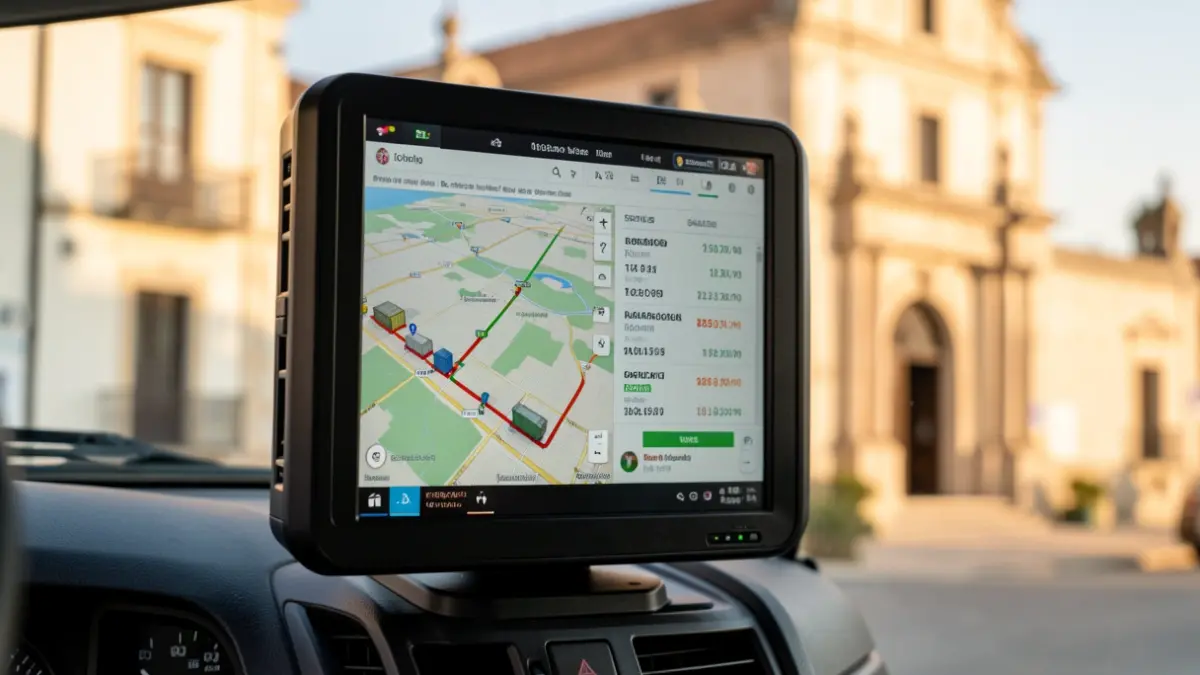 Pantalla de monitorización de rutas de un camión de basura con datos de contenedores.