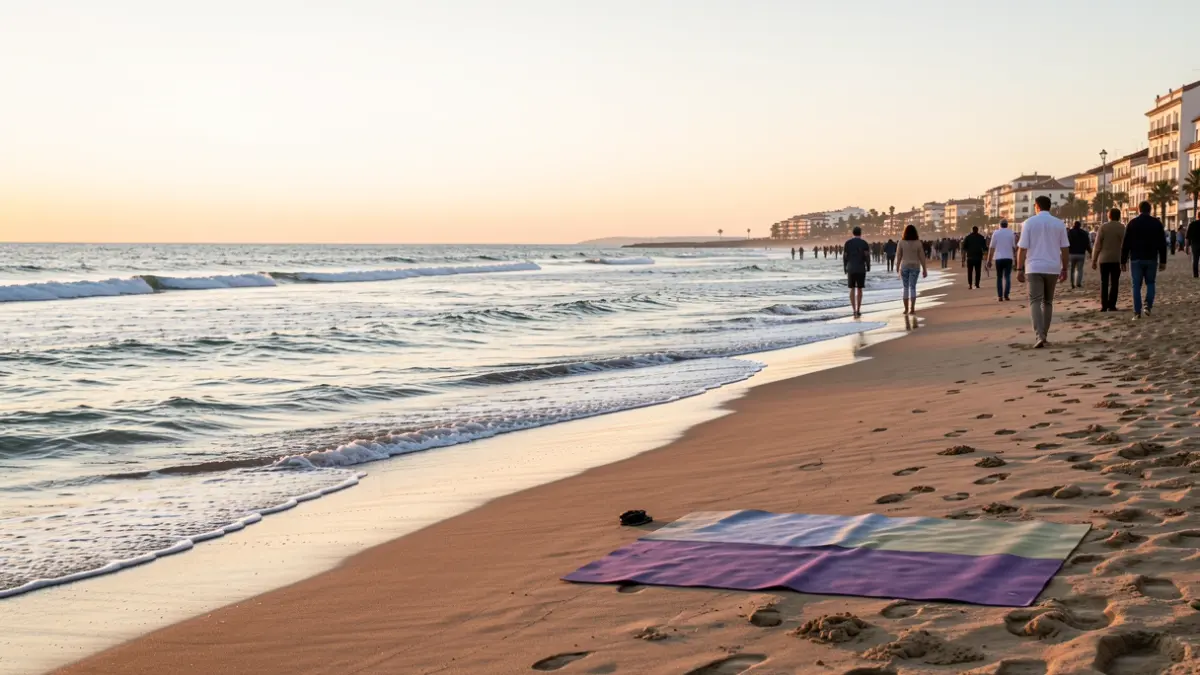 Imagen genérica de una playa andaluza al amanecer con una esterilla de yoga.