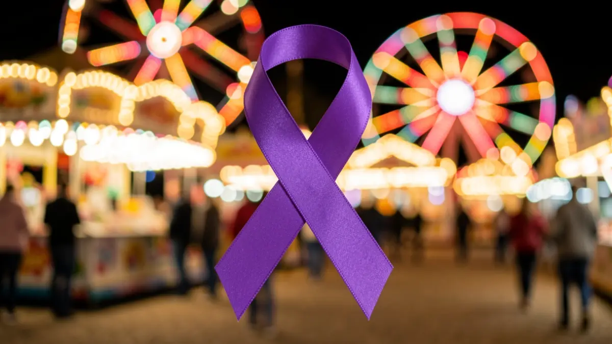 Purple Point symbol at a fair to prevent gender-based violence.