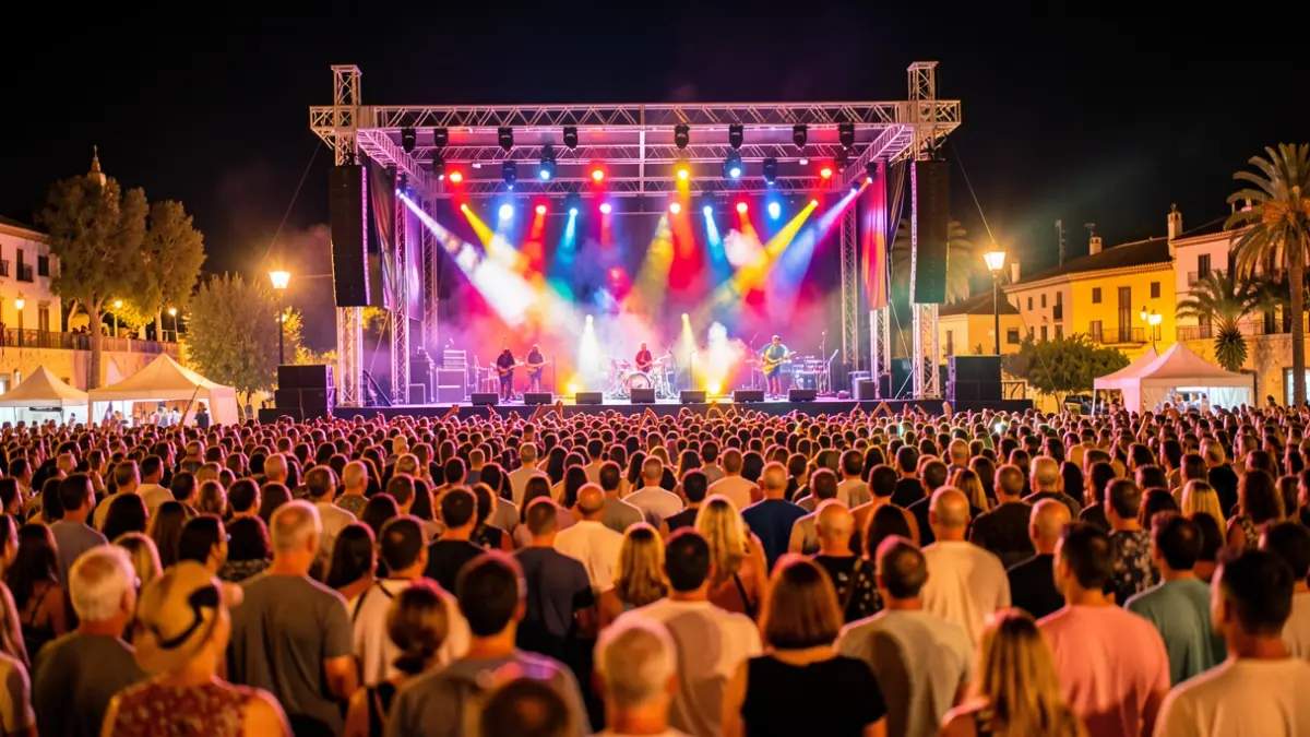 Imagen genérica de un festival de música urbana al aire libre por la noche en Andalucía, con un gran escenario iluminado y una multitud borrosa.