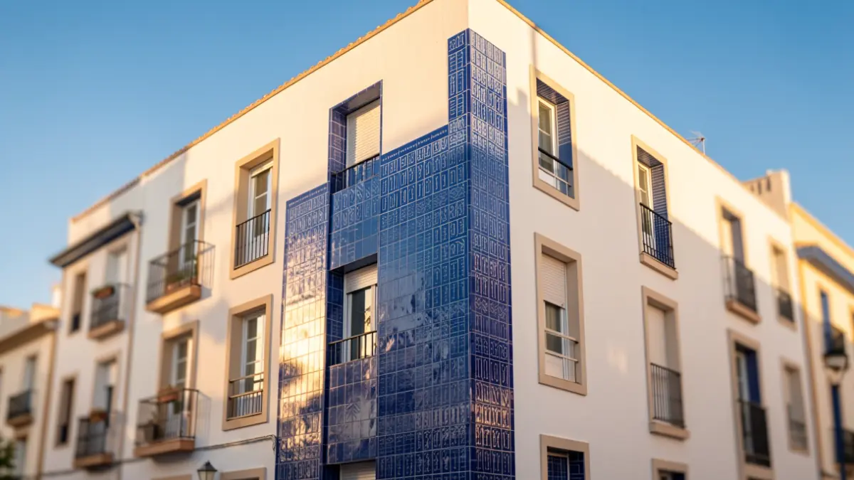 Generic image of a modern Andalusian building with tiles and sunlight.
