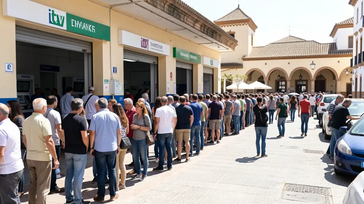 Imagen de usuarios esperando durante horas bajo el sol en la ITV de Algeciras.
