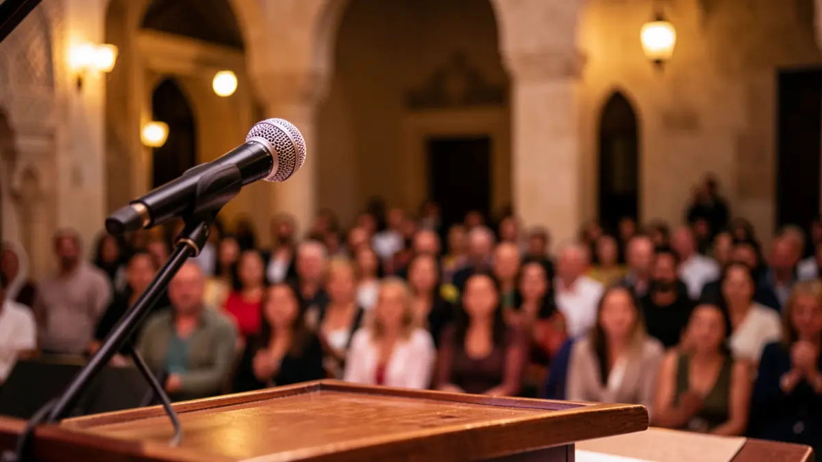 Generic image of a microphone on a stage with warm lighting.