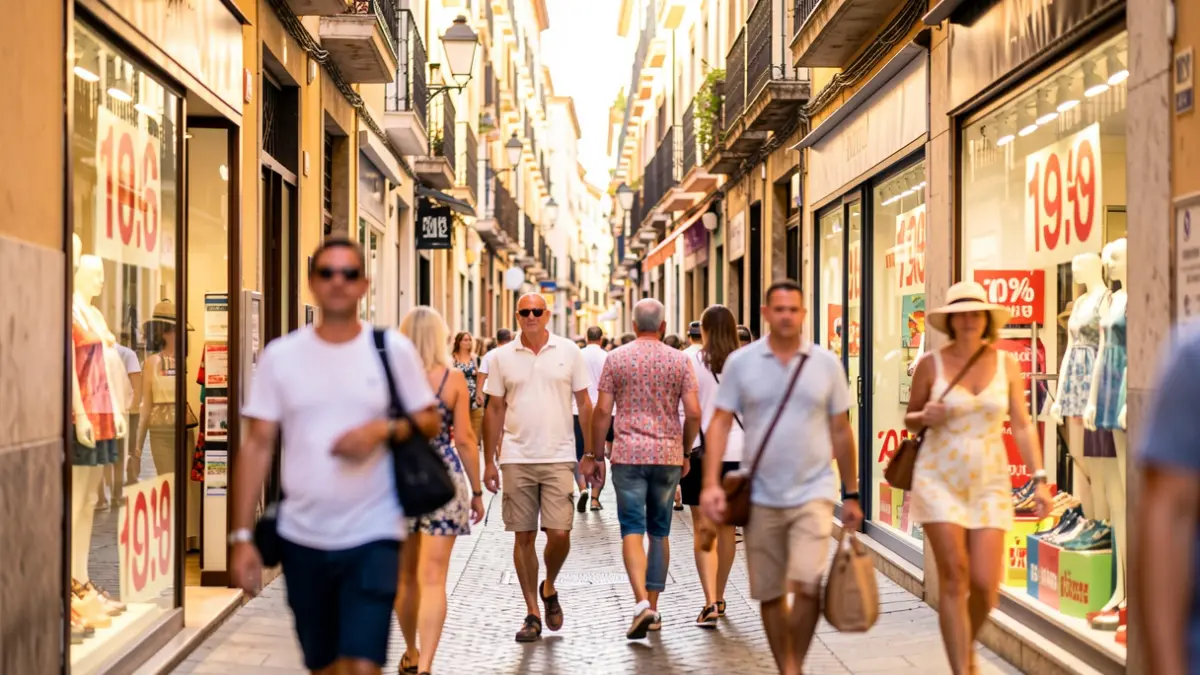 Imagen genérica de una calle comercial con descuentos durante las rebajas de verano.