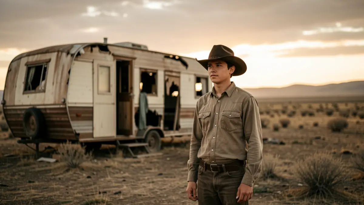 Image of a young cowboy in front of a damaged caravan in a desolate landscape.