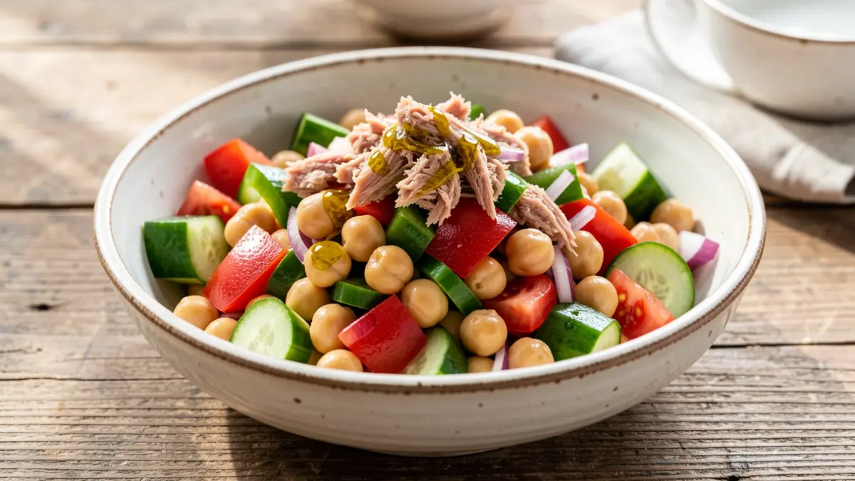 Imagen de una ensalada saludable con garbanzos, verduras frescas y atún, aliñada con aceite de oliva.