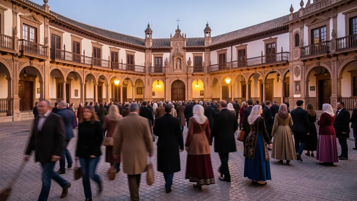 Imagen genérica de una procesión en una plaza histórica andaluza al atardecer.