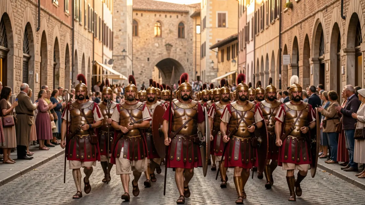 Generic image of a Roman historical reenactment parade in a European city.