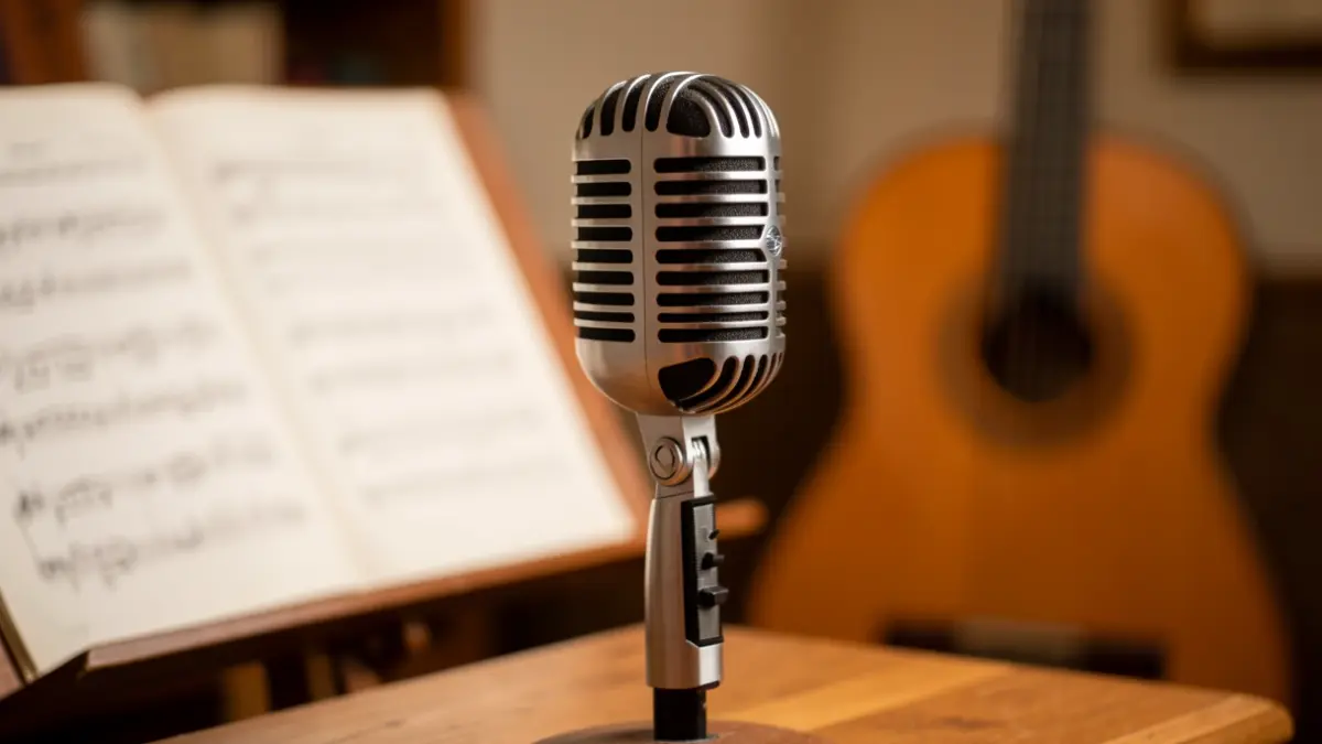 Close-up of an antique microphone on a wooden stand, with blurred sheet music in the background.