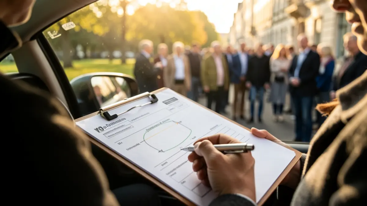 Primer plano de un examinador de tráfico con un portapapeles y una ruta de examen de conducción borrosa al fondo.