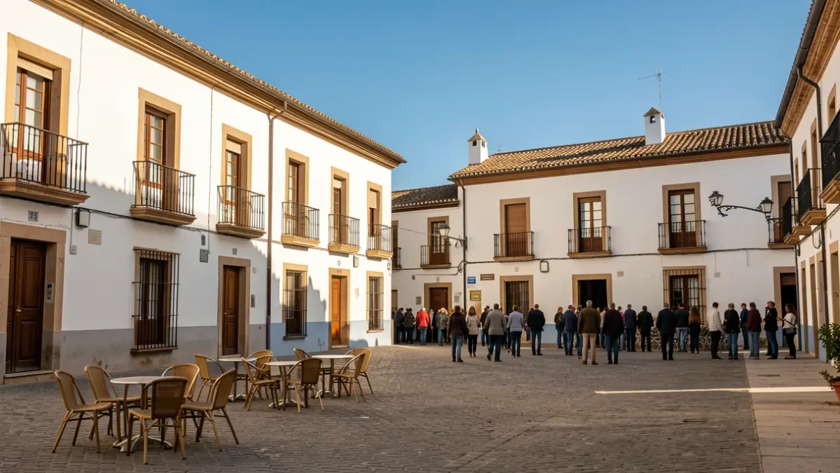 Generic image of an Andalusian town square with white buildings and blue sky.