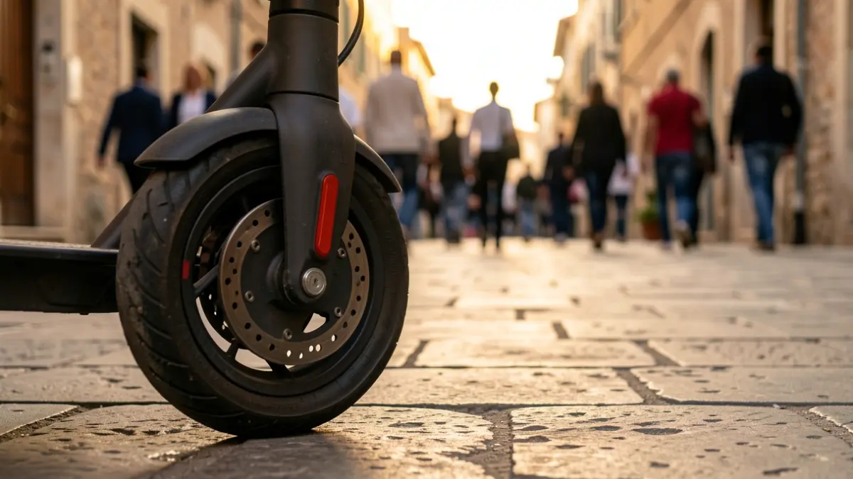 Generic image of an electric scooter wheel on a sidewalk.