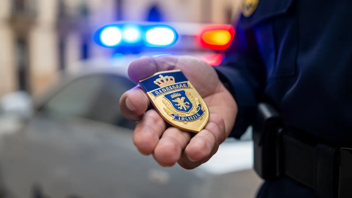 Imagen genérica de un distintivo policial con luces de emergencia borrosas.