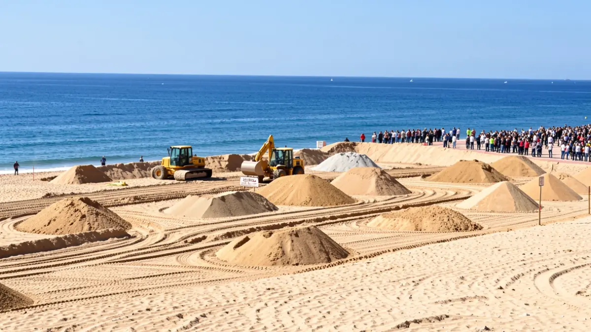 Imagen de las obras de regeneración en la playa de Santa María del Mar, Cádiz.