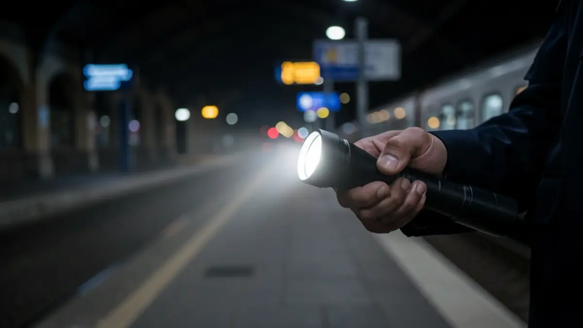 Generic image of a security guard in a Seville train station at night.
