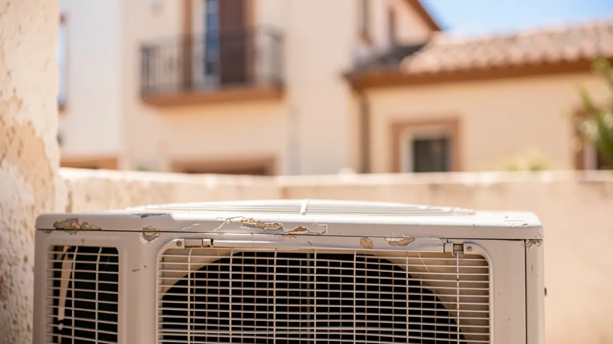 Close-up of an outdoor air conditioning unit showing signs of wear, within the context of an Andalusian residential building.