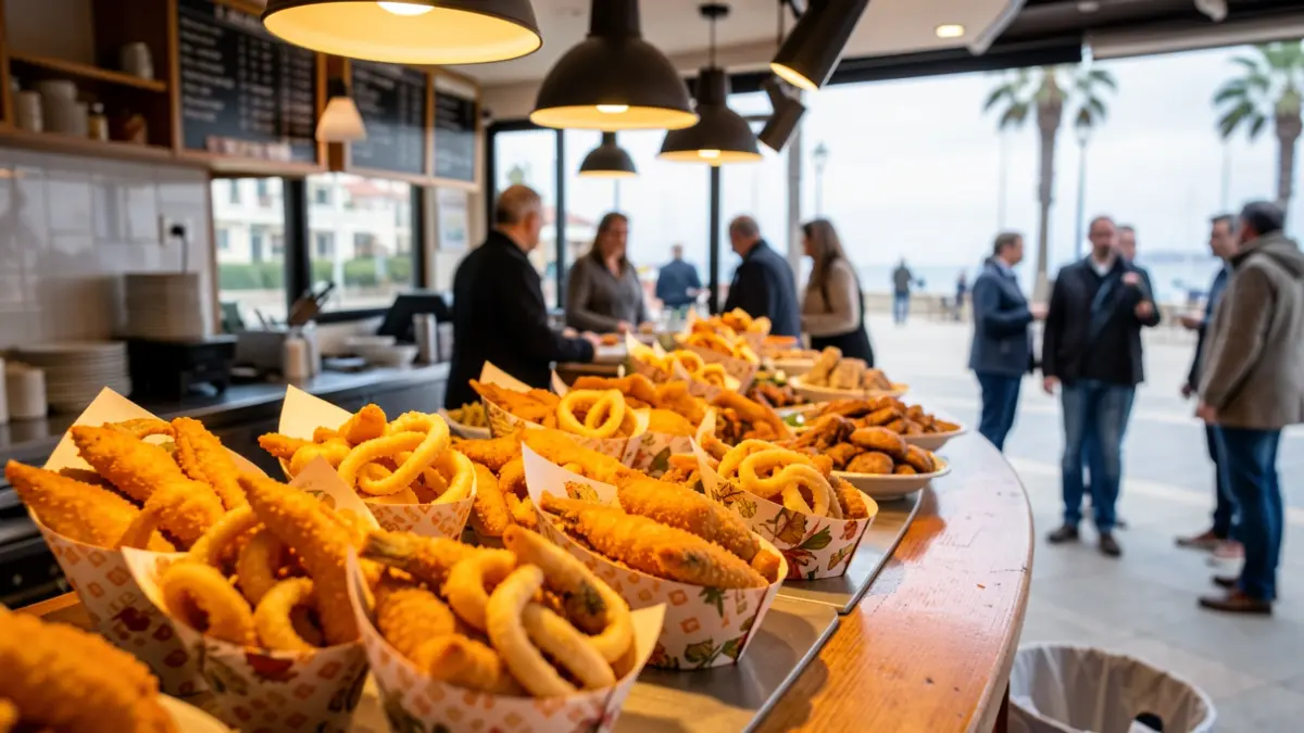 Imagen de un mostrador de comida para llevar de un restaurante de marisco en Cádiz, con pescado frito y calamares.
