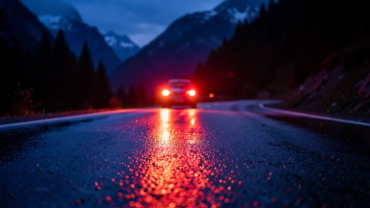 Generic image of emergency lights reflecting on wet asphalt at night.