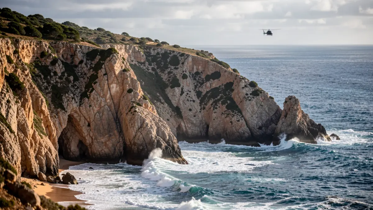 Generic image of a rugged cove with a rescue helicopter.