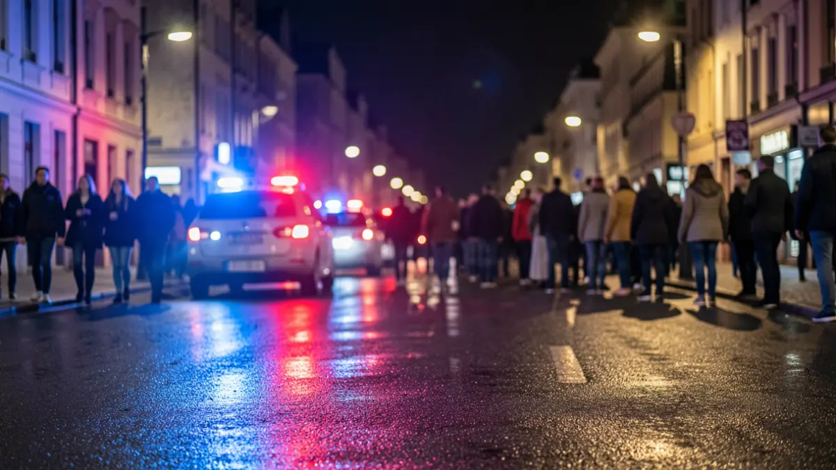 Imagen genérica de luces de emergencia policiales reflejándose en el asfalto mojado por la noche.