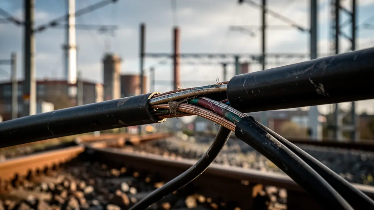Close-up of a damaged high-voltage power line cable on railway catenary, with dramatic lighting.
