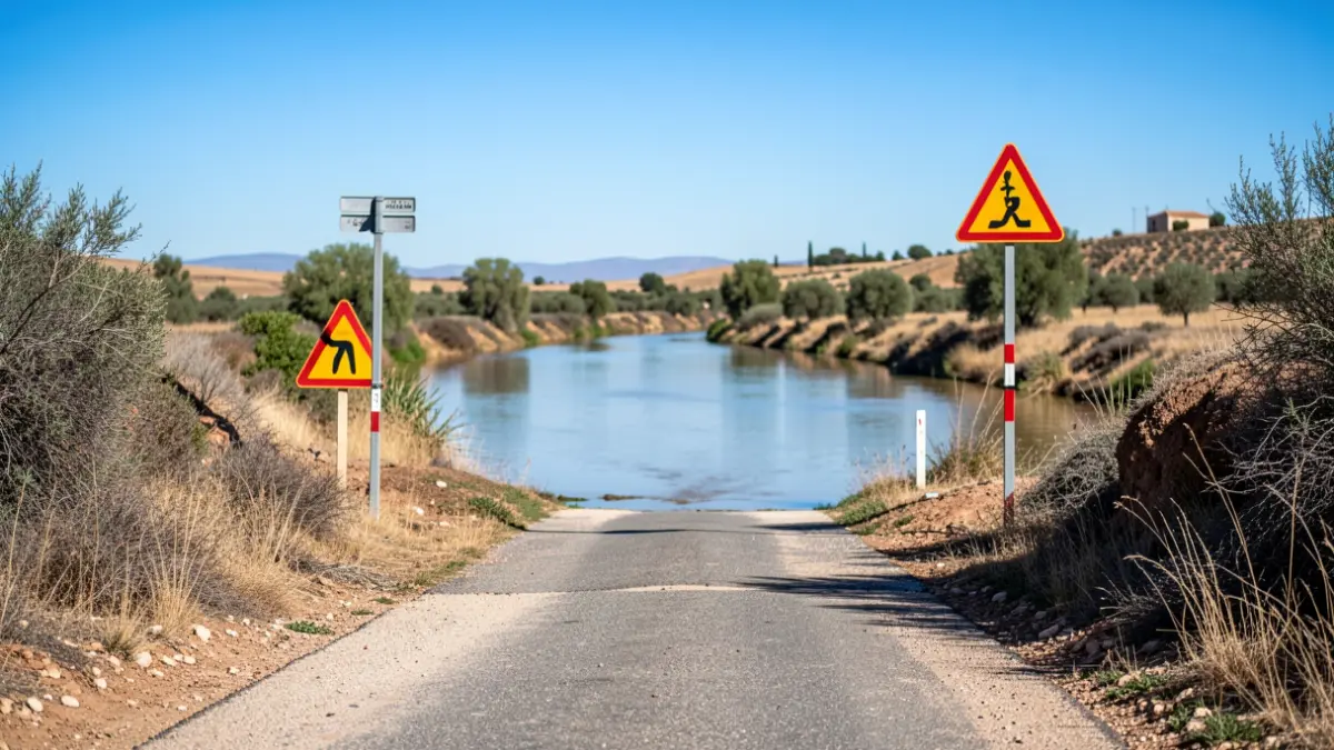 Vado inundable provisional habilitado en la carretera A-6000 sobre el río Guadalbullón.