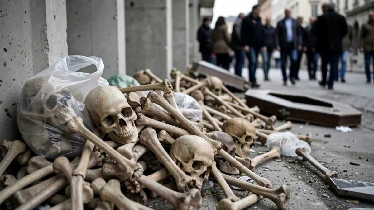 Image of skeletal remains piled in an abandoned area of the Seville cemetery.