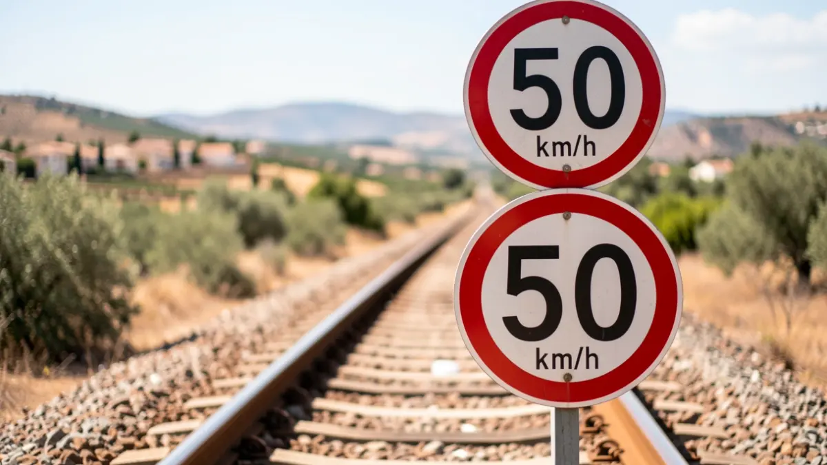 Primer plano de una vía de tren con una señal de limitación de velocidad a 50 km/h en la provincia de Córdoba.