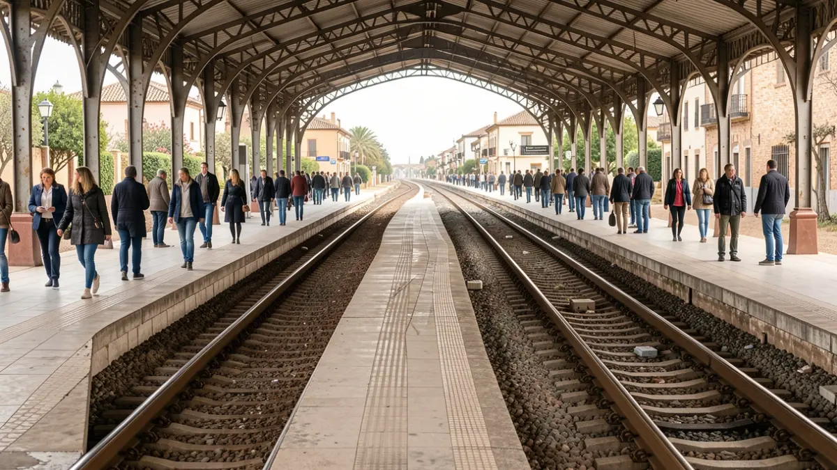 Imagen genérica de un andén de estación de tren vacío en Andalucía con vías que se pierden en la distancia.