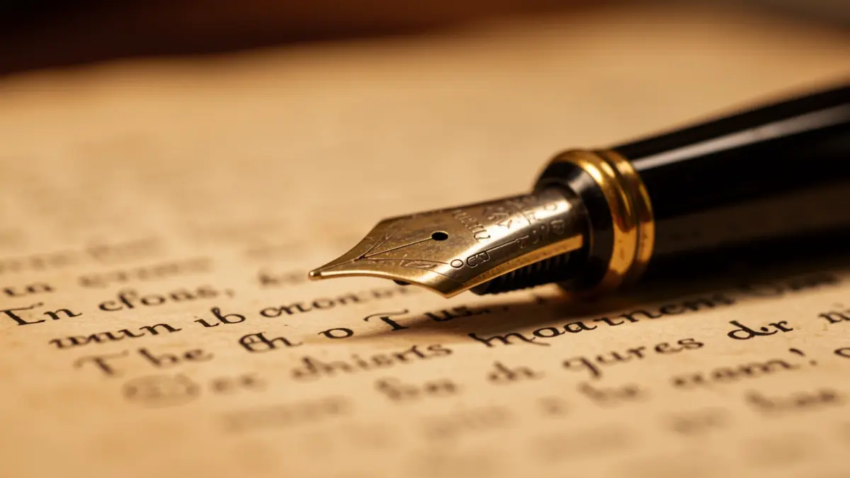 Close-up of a vintage fountain pen nib on blurred aged paper.