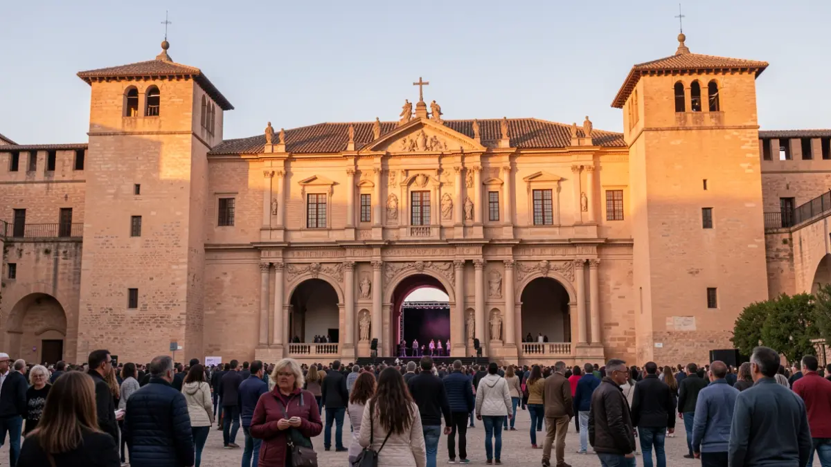 Facade of the Palacio de Carlos V in the Alhambra, Granada, at sunset.