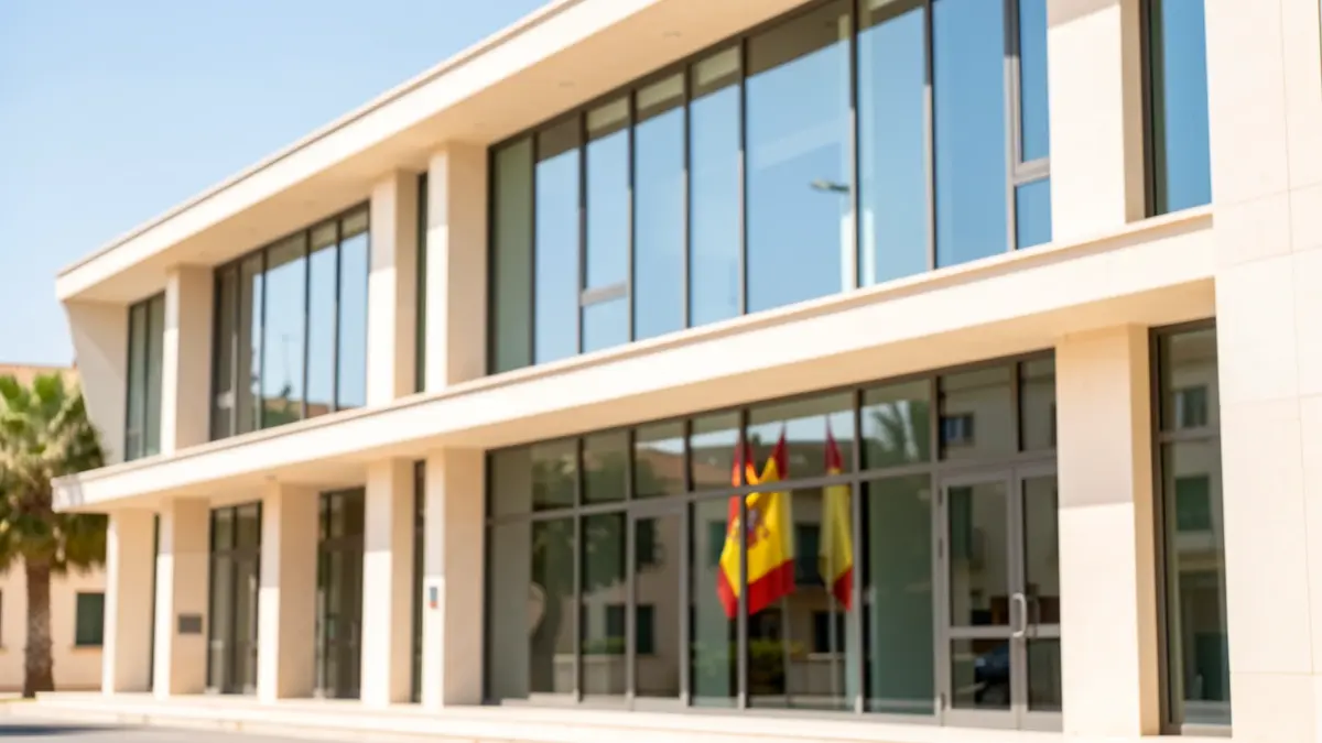 Facade of a modern town hall with large windows and Mediterranean sunlight.