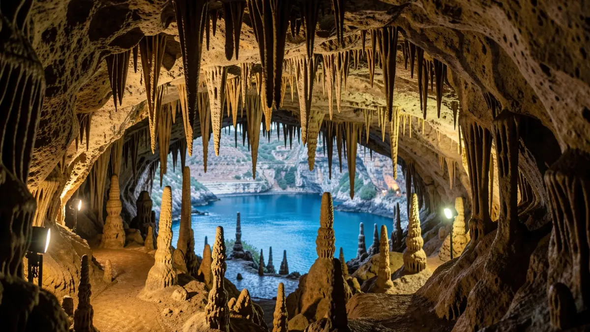 Image of the Cueva del Tesoro in Rincón de la Victoria, highlighting its geological formations and underground lake.