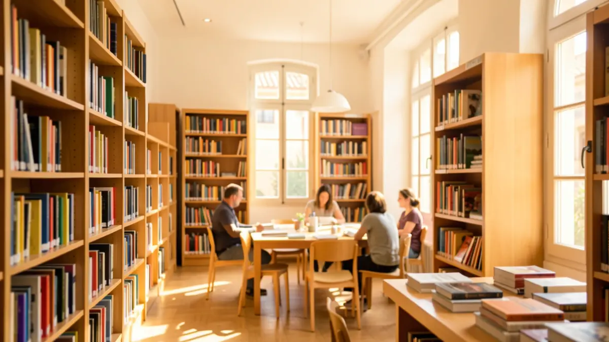 Generic image of a modern library with shelves full of books and natural light.