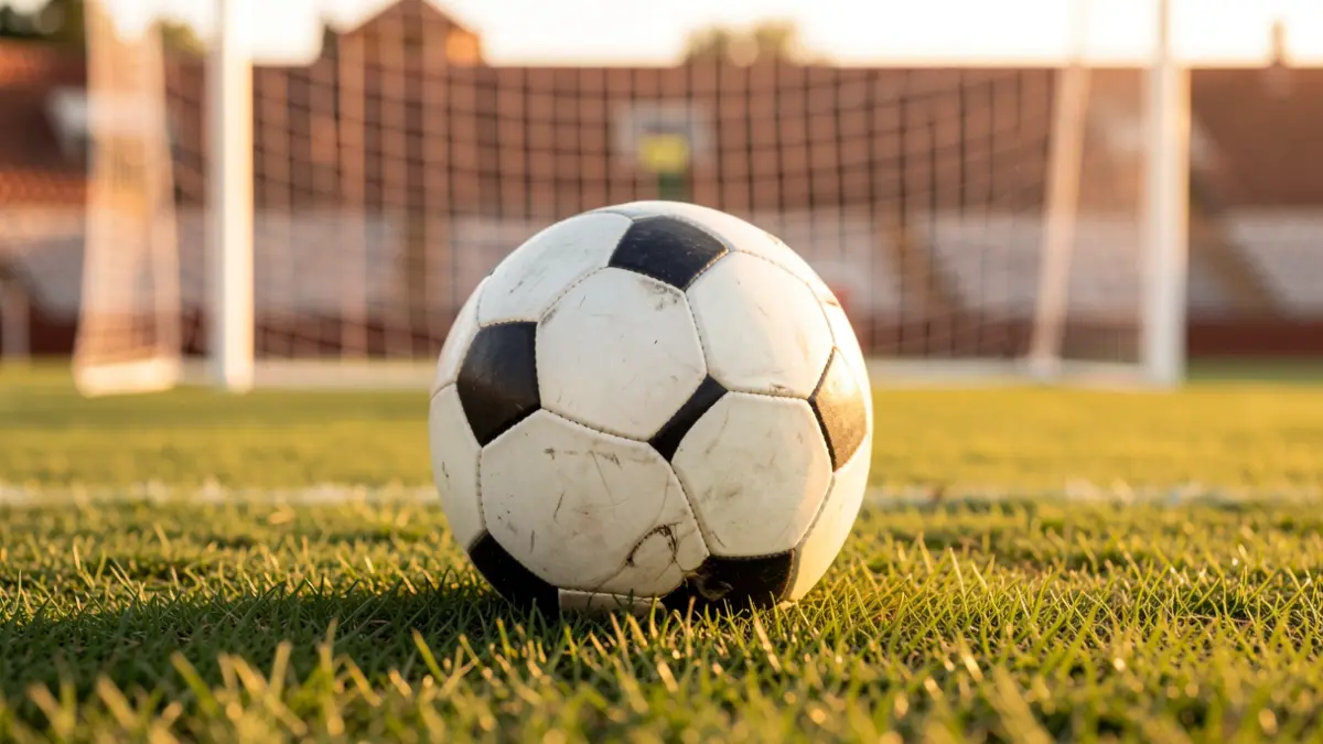 Imagen genérica de un balón de fútbol sobre el césped de un estadio al atardecer.