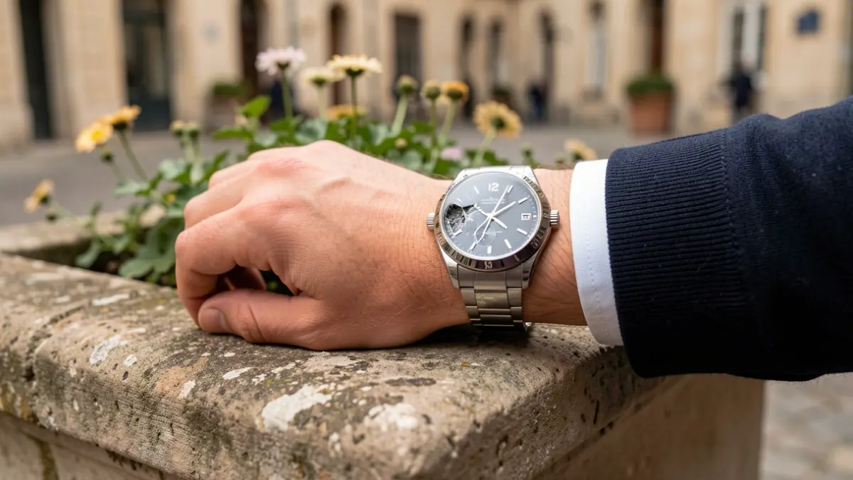 Primer plano de un reloj de lujo dañado sobre una jardinera, con luces tenues.