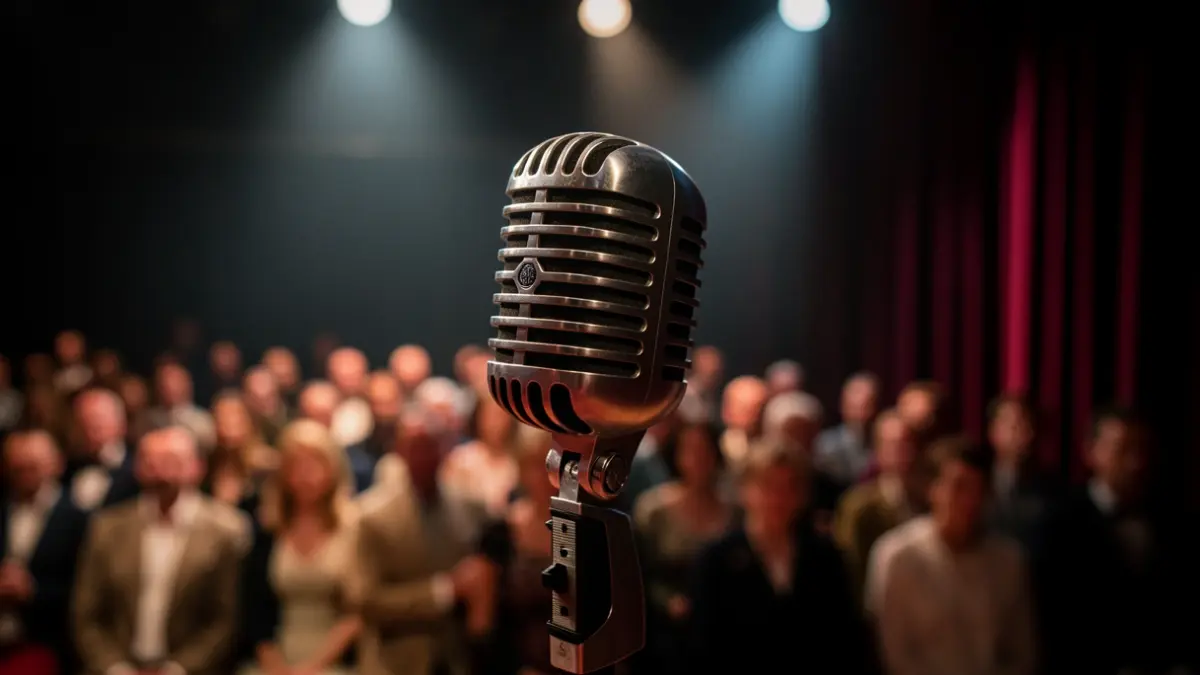 Generic image of an old microphone on a dimly lit stage.