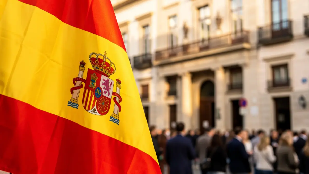 Imagen genérica de una bandera española con un edificio institucional andaluz desenfocado al fondo.