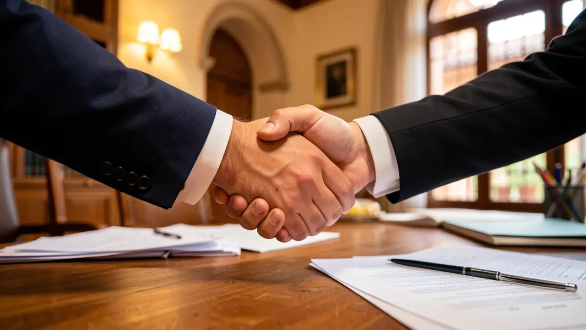 Generic image of two people in suits shaking hands over a desk.