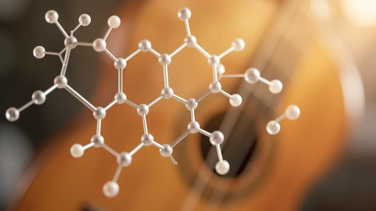 Abstract image merging a scientific molecule with Spanish musical elements.