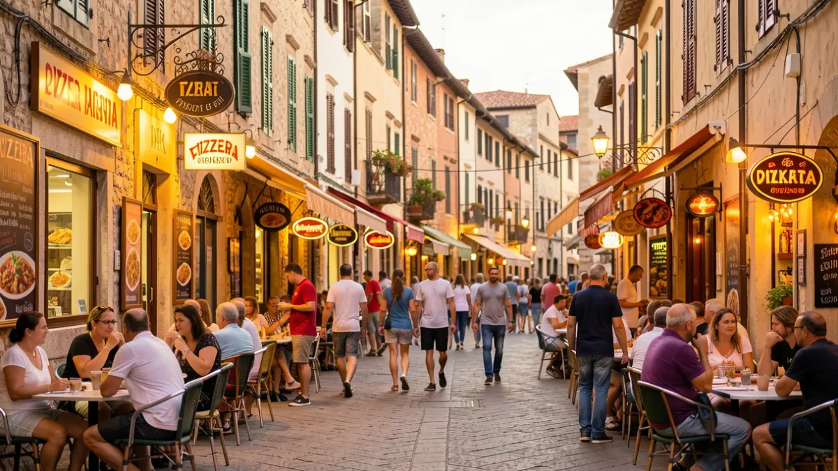 Imagen genérica de una plaza de pueblo mediterráneo con varias pizzerías y ambiente animado.
