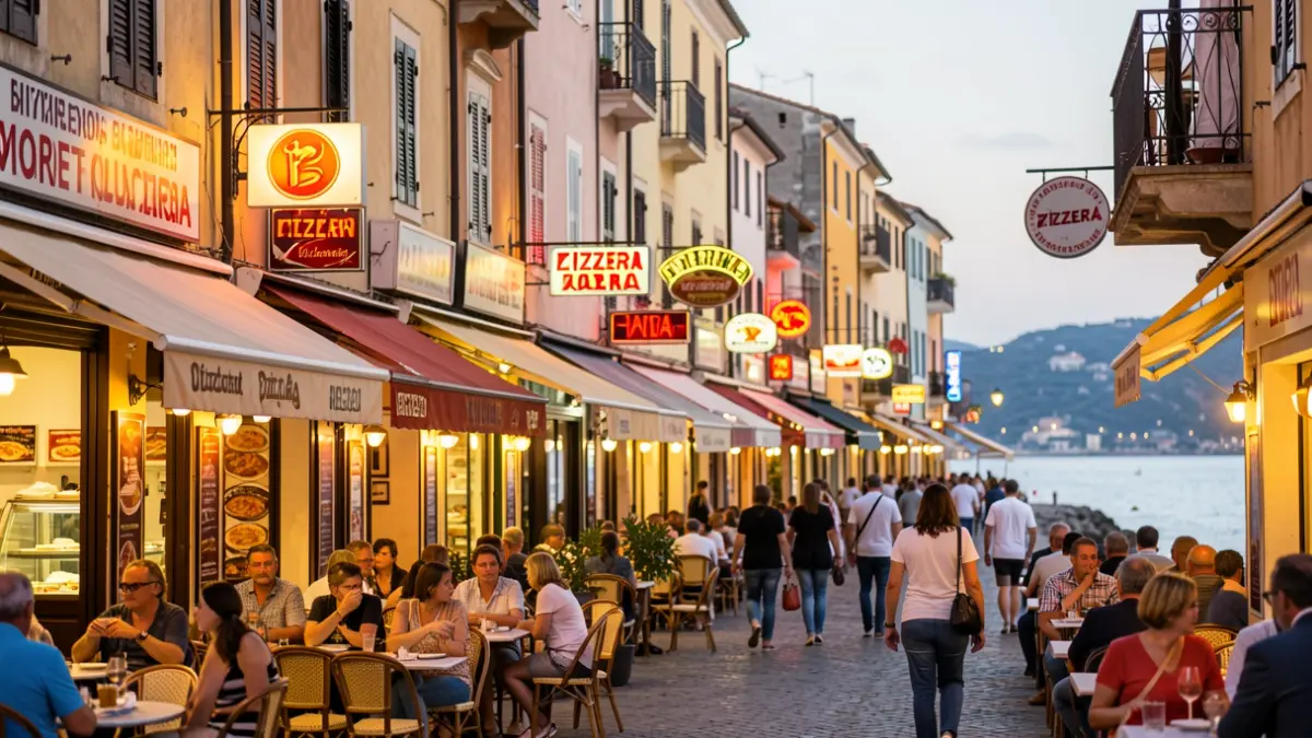Generic image of a coastal street with many pizzerias.