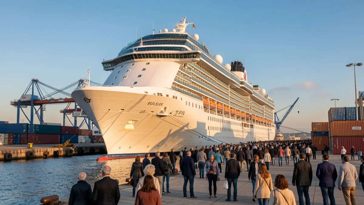 Imagen genérica de un crucero atracado en un puerto industrial con grúas y contenedores.
