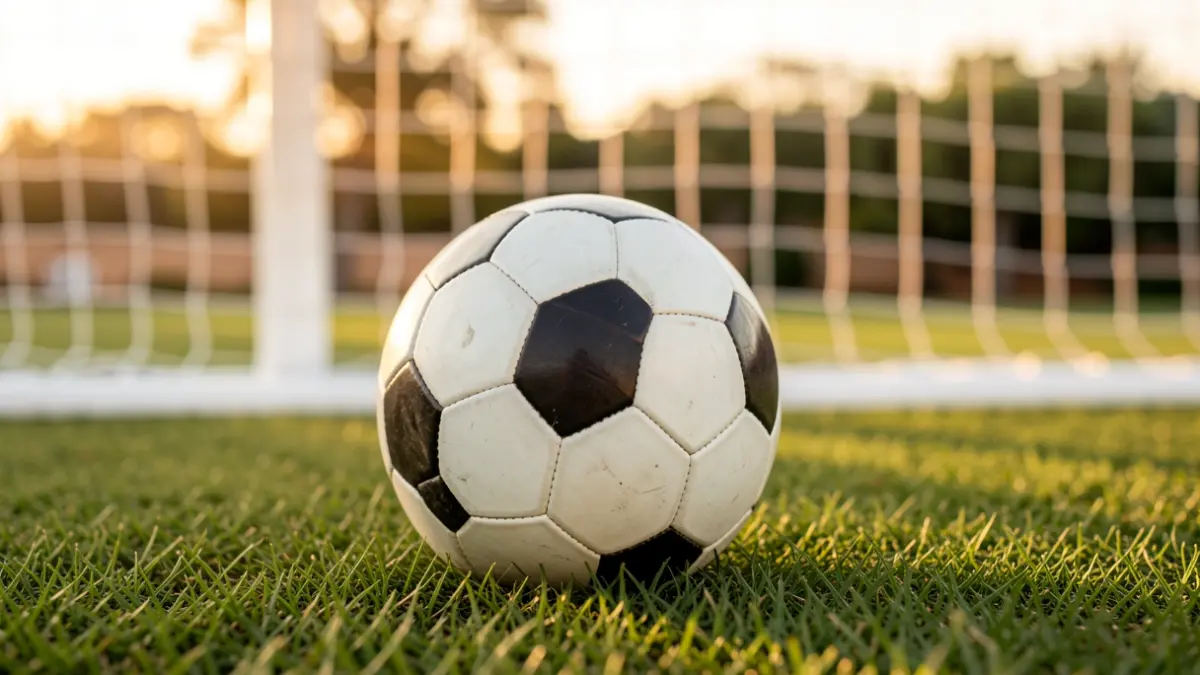 Imagen genérica de un balón de fútbol sobre césped con la red de una portería desenfocada.